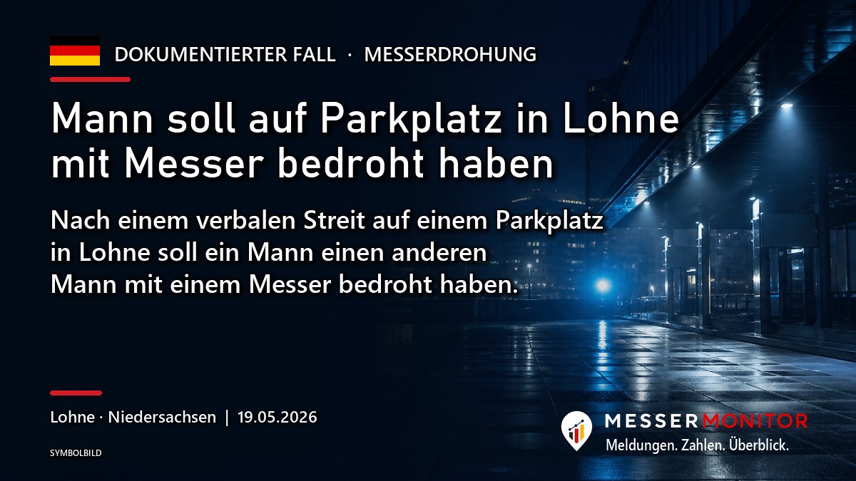 Titelgrafik: Mann soll auf Parkplatz in Lohne mit Messer bedroht haben. Nach einem verbalen Streit auf einem Parkplatz in Lohne soll ein Mann einen anderen Mann mit einem Messer bedroht haben..