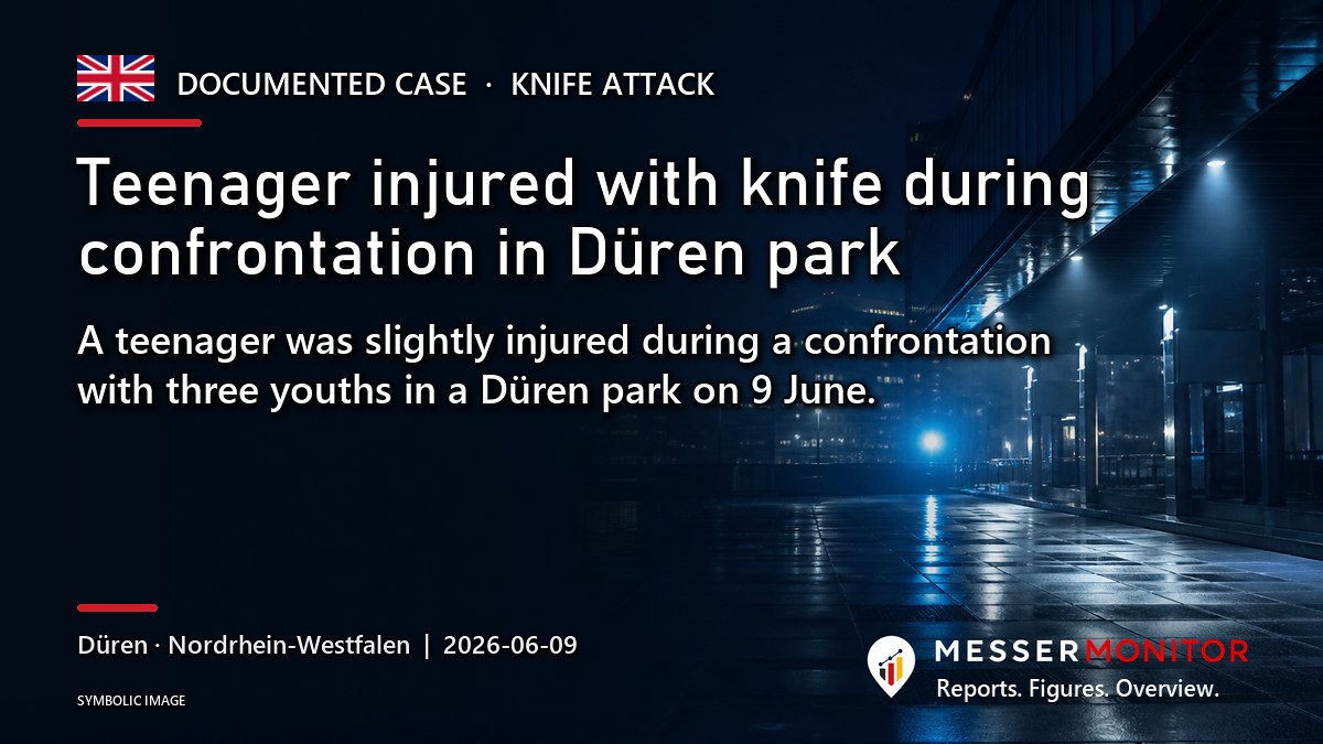 Title image: Teenager injured with knife during confrontation in Düren park. A teenager was slightly injured during a confrontation with three youths in a Düren park on 9 June..