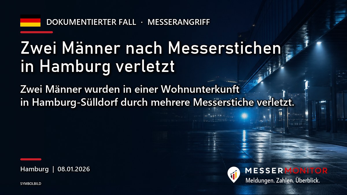 Titelgrafik: Zwei Männer nach Messerstichen in Hamburg verletzt. Zwei Männer wurden in einer Wohnunterkunft in Hamburg-Sülldorf durch mehrere Messerstiche verletzt..