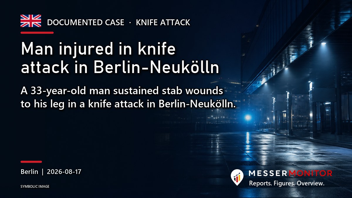 Title image: Man injured in knife attack in Berlin-Neukölln. A 33-year-old man sustained stab wounds to his leg in a knife attack in Berlin-Neukölln..