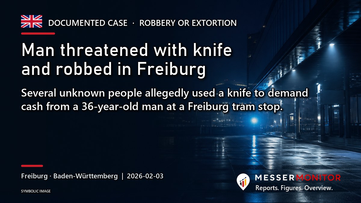 Title image: Man threatened with knife and robbed in Freiburg. Several unknown people allegedly used a knife to demand cash from a 36-year-old man at a Freiburg tram stop..