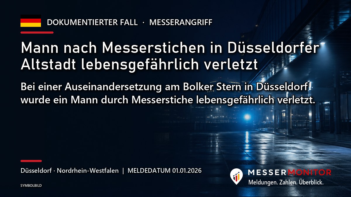 Titelgrafik: Mann nach Messerstichen in Düsseldorfer Altstadt lebensgefährlich verletzt. Bei einer Auseinandersetzung am Bolker Stern in Düsseldorf wurde ein Mann durch Messerstiche lebensgefährlich verletzt..