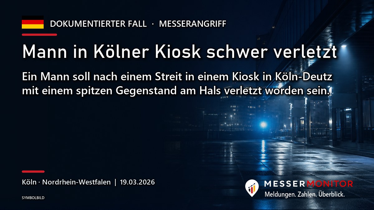 Titelgrafik: Mann in Kölner Kiosk schwer verletzt. Ein Mann soll nach einem Streit in einem Kiosk in Köln-Deutz mit einem spitzen Gegenstand am Hals verletzt worden sein..