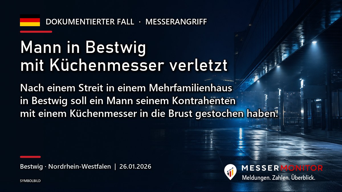 Titelgrafik: Mann in Bestwig mit Küchenmesser verletzt. Nach einem Streit in einem Mehrfamilienhaus in Bestwig soll ein Mann seinem Kontrahenten mit einem Küchenmesser in die Brust gestochen haben..