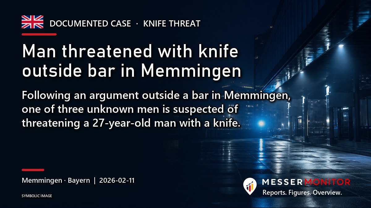Title image: Man threatened with knife outside bar in Memmingen. Following an argument outside a bar in Memmingen, one of three unknown men is suspected of threatening a 27-year-old man with a knife..