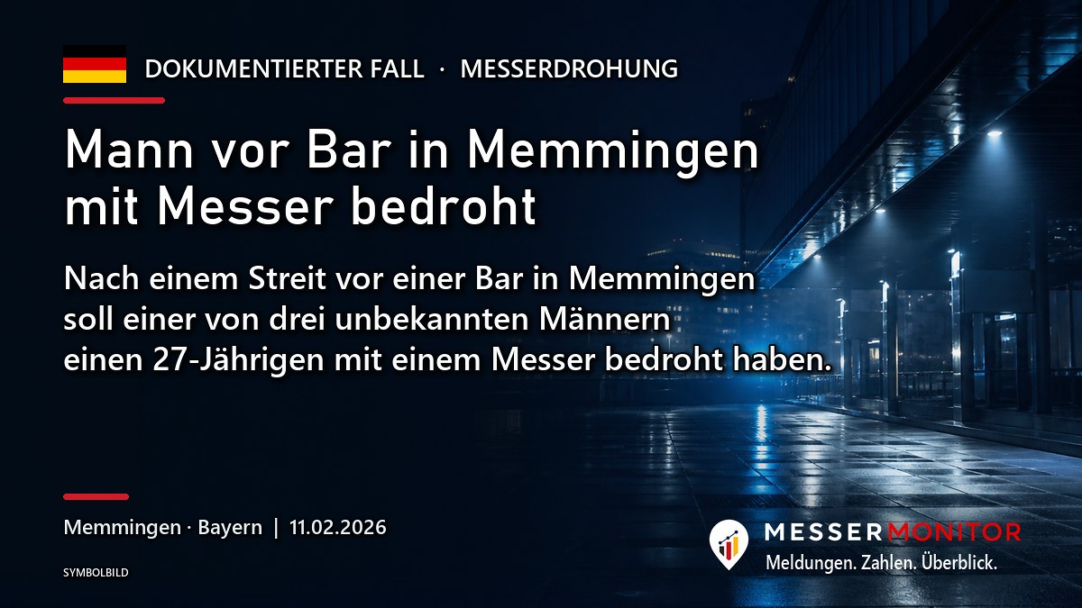 Titelgrafik: Mann vor Bar in Memmingen mit Messer bedroht. Nach einem Streit vor einer Bar in Memmingen soll einer von drei unbekannten Männern einen 27-Jährigen mit einem Messer bedroht haben..