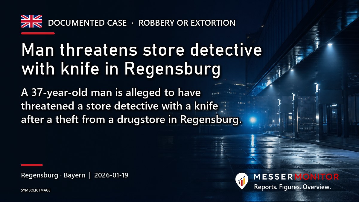 Title image: Man threatens store detective with knife in Regensburg. A 37-year-old man is alleged to have threatened a store detective with a knife after a theft from a drugstore in Regensburg..