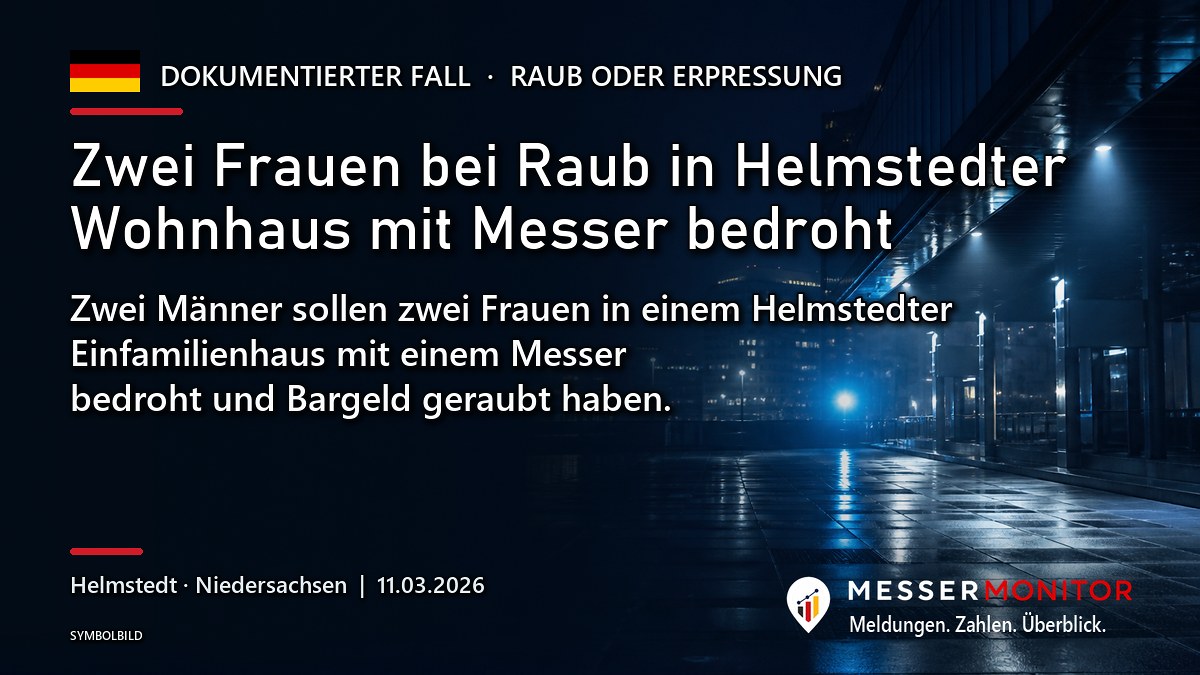 Titelgrafik: Zwei Frauen bei Raub in Helmstedter Wohnhaus mit Messer bedroht. Zwei Männer sollen zwei Frauen in einem Helmstedter Einfamilienhaus mit einem Messer bedroht und Bargeld geraubt haben..