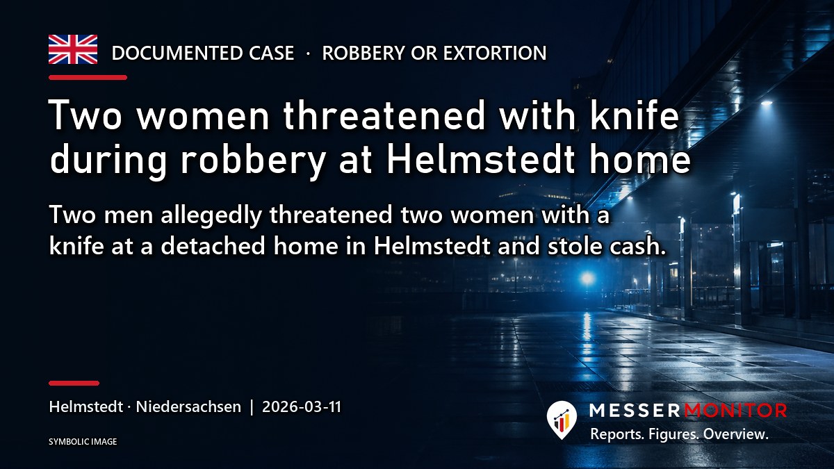 Title image: Two women threatened with knife during robbery at Helmstedt home. Two men allegedly threatened two women with a knife at a detached home in Helmstedt and stole cash..