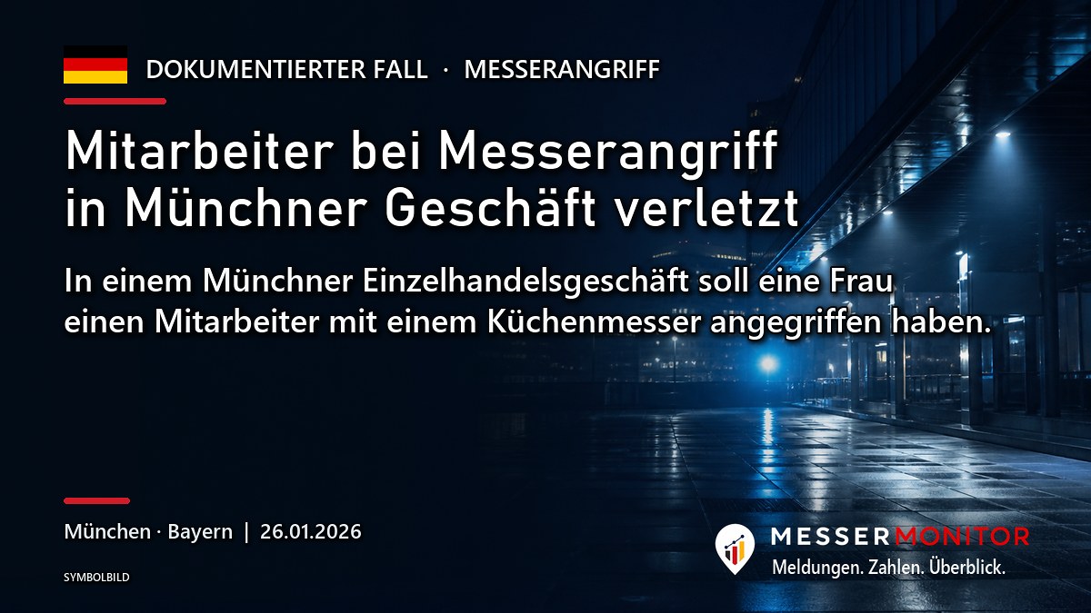 Titelgrafik: Mitarbeiter bei Messerangriff in Münchner Geschäft verletzt. In einem Münchner Einzelhandelsgeschäft soll eine Frau einen Mitarbeiter mit einem Küchenmesser angegriffen haben..