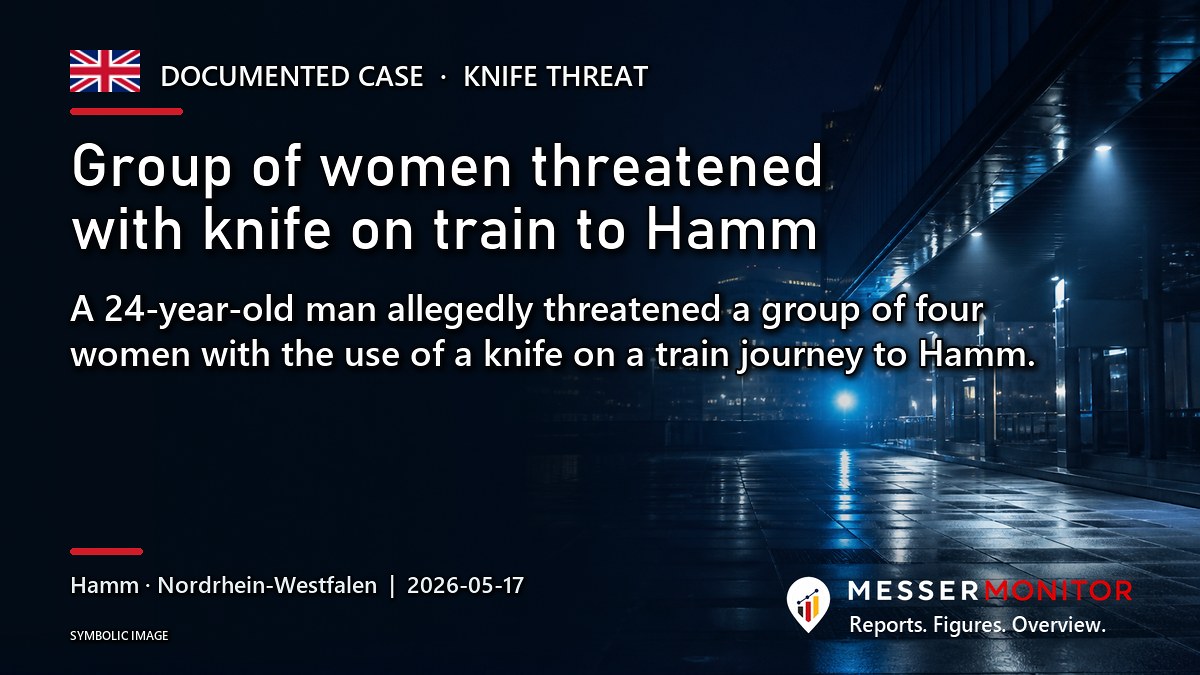 Title image: Group of women threatened with knife on train to Hamm. A 24-year-old man allegedly threatened a group of four women with the use of a knife on a train journey to Hamm..