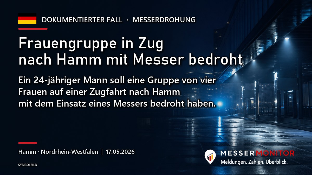 Titelgrafik: Frauengruppe in Zug nach Hamm mit Messer bedroht. Ein 24-jähriger Mann soll eine Gruppe von vier Frauen auf einer Zugfahrt nach Hamm mit dem Einsatz eines Messers bedroht haben..