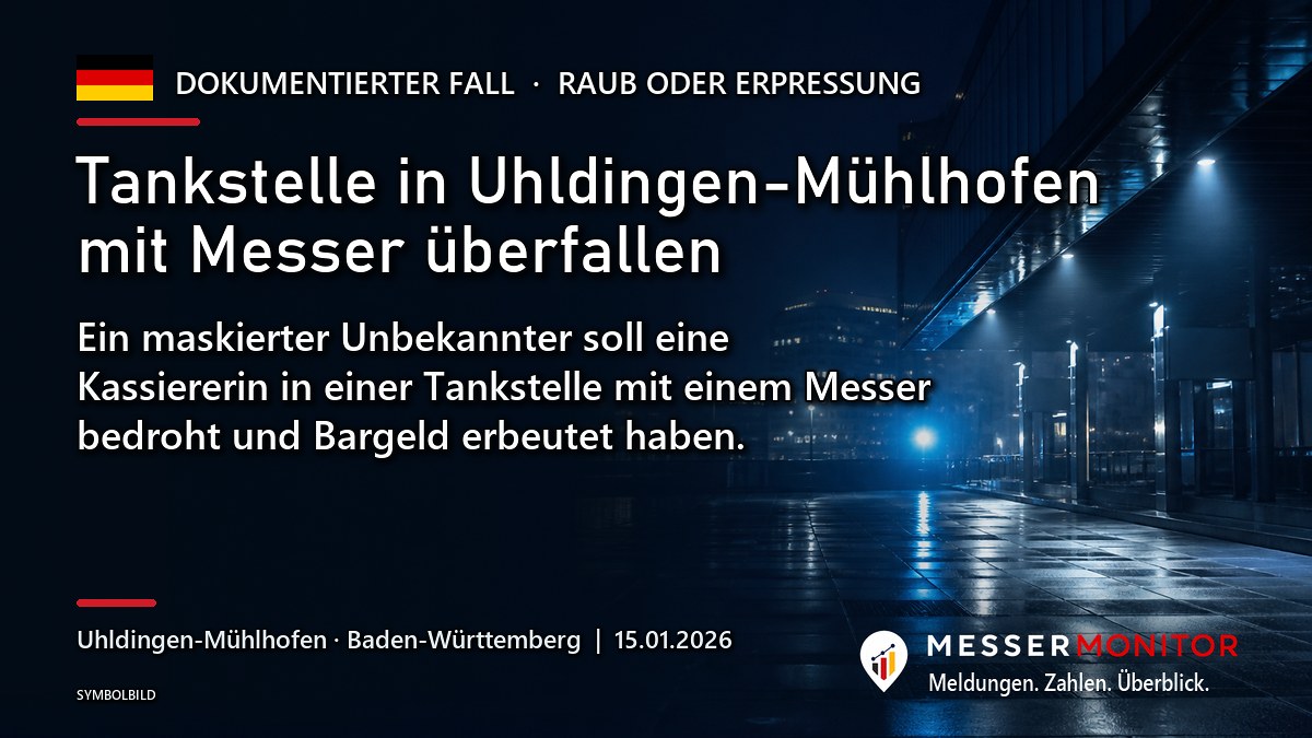 Titelgrafik: Tankstelle in Uhldingen-Mühlhofen mit Messer überfallen. Ein maskierter Unbekannter soll eine Kassiererin in einer Tankstelle mit einem Messer bedroht und Bargeld erbeutet haben..