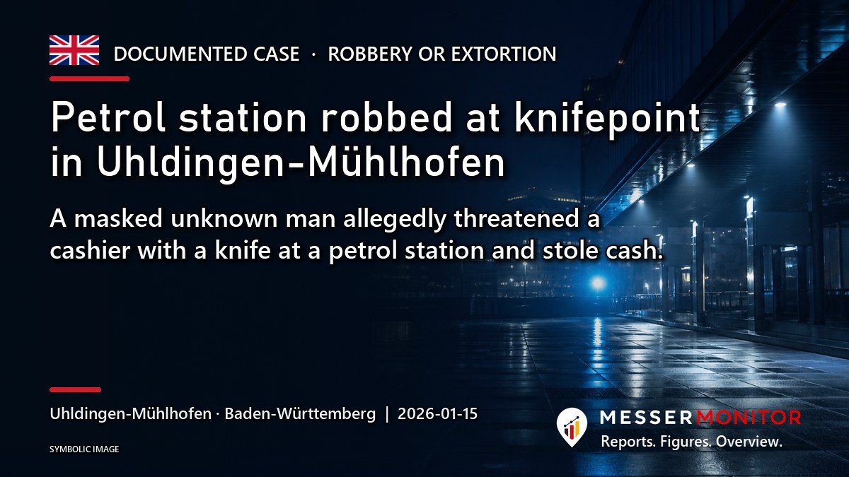 Title image: Petrol station robbed at knifepoint in Uhldingen-Mühlhofen. A masked unknown man allegedly threatened a cashier with a knife at a petrol station and stole cash..