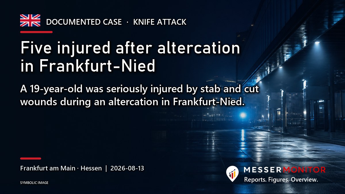 Title image: Five injured after altercation in Frankfurt-Nied. A 19-year-old was seriously injured by stab and cut wounds during an altercation in Frankfurt-Nied..
