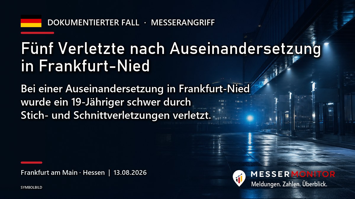 Titelgrafik: Fünf Verletzte nach Auseinandersetzung in Frankfurt-Nied. Bei einer Auseinandersetzung in Frankfurt-Nied wurde ein 19-Jähriger schwer durch Stich- und Schnittverletzungen verletzt..