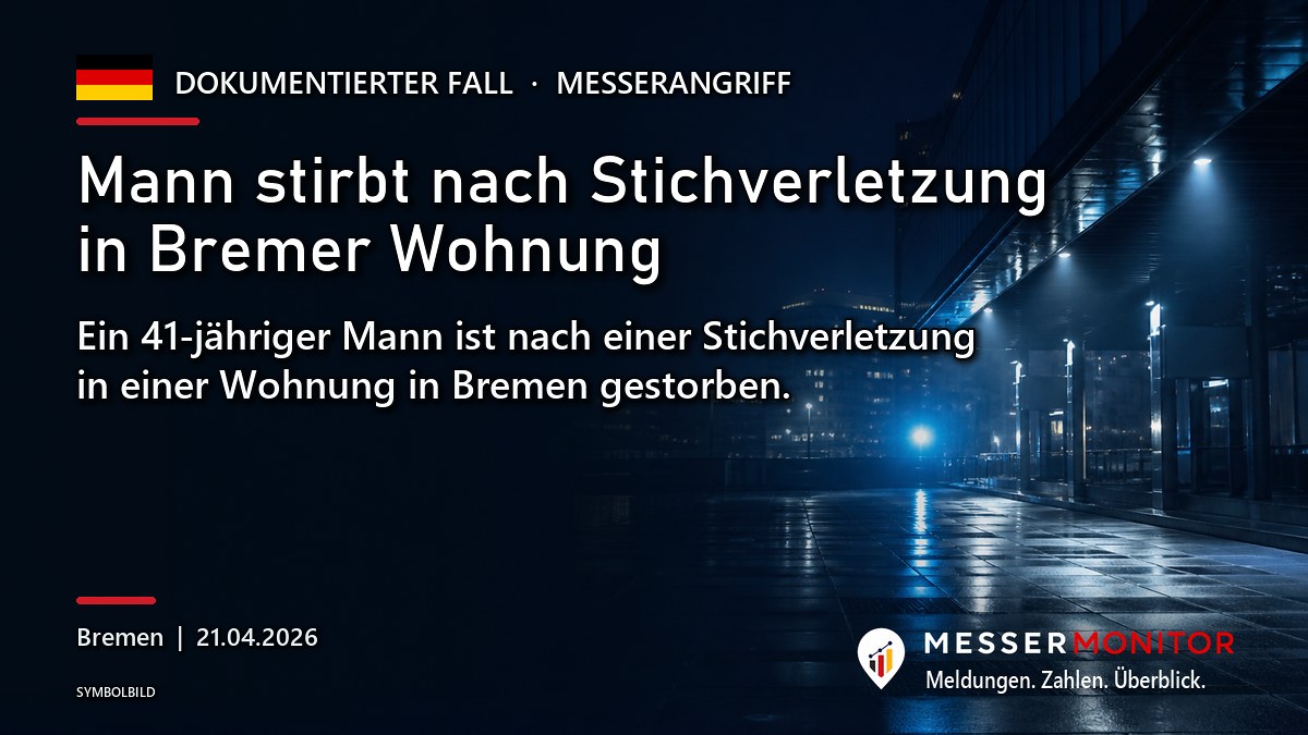 Titelgrafik: Mann stirbt nach Stichverletzung in Bremer Wohnung. Ein 41-jähriger Mann ist nach einer Stichverletzung in einer Wohnung in Bremen gestorben..
