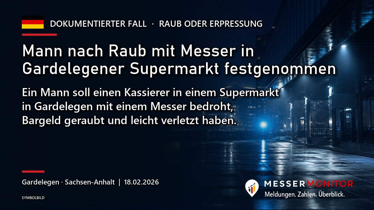 Titelgrafik: Mann nach Raub mit Messer in Gardelegener Supermarkt festgenommen. Ein Mann soll einen Kassierer in einem Supermarkt in Gardelegen mit einem Messer bedroht, Bargeld geraubt und leicht verletzt haben..
