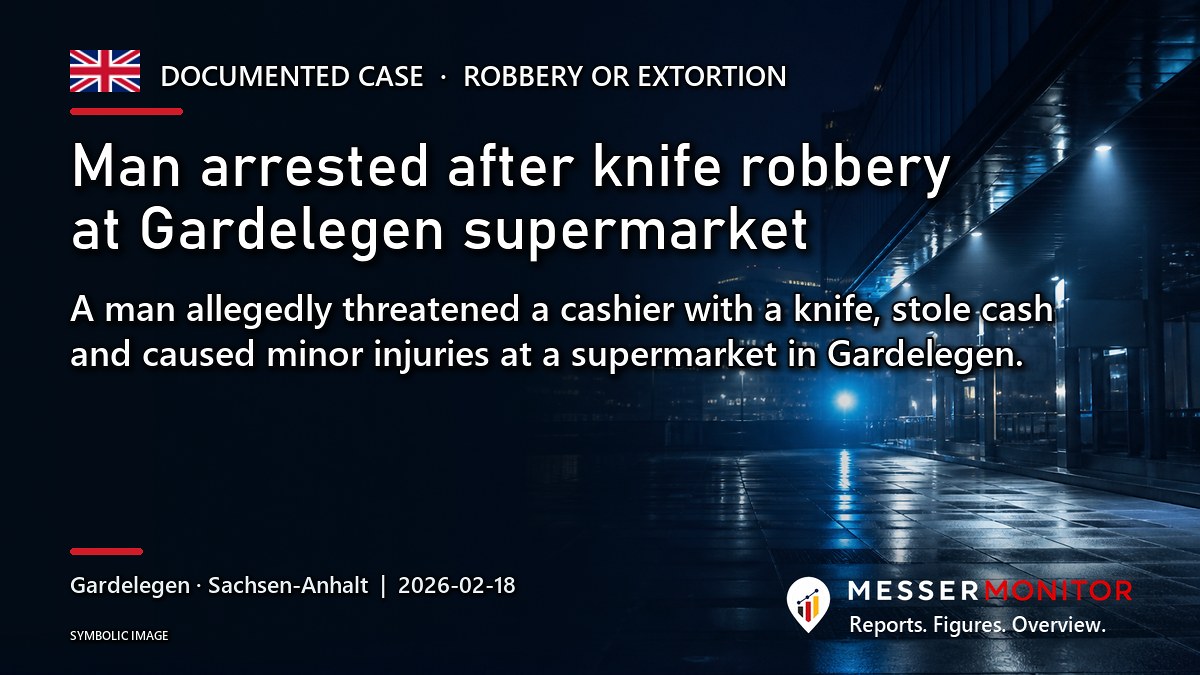Title image: Man arrested after knife robbery at Gardelegen supermarket. A man allegedly threatened a cashier with a knife, stole cash and caused minor injuries at a supermarket in Gardelegen..
