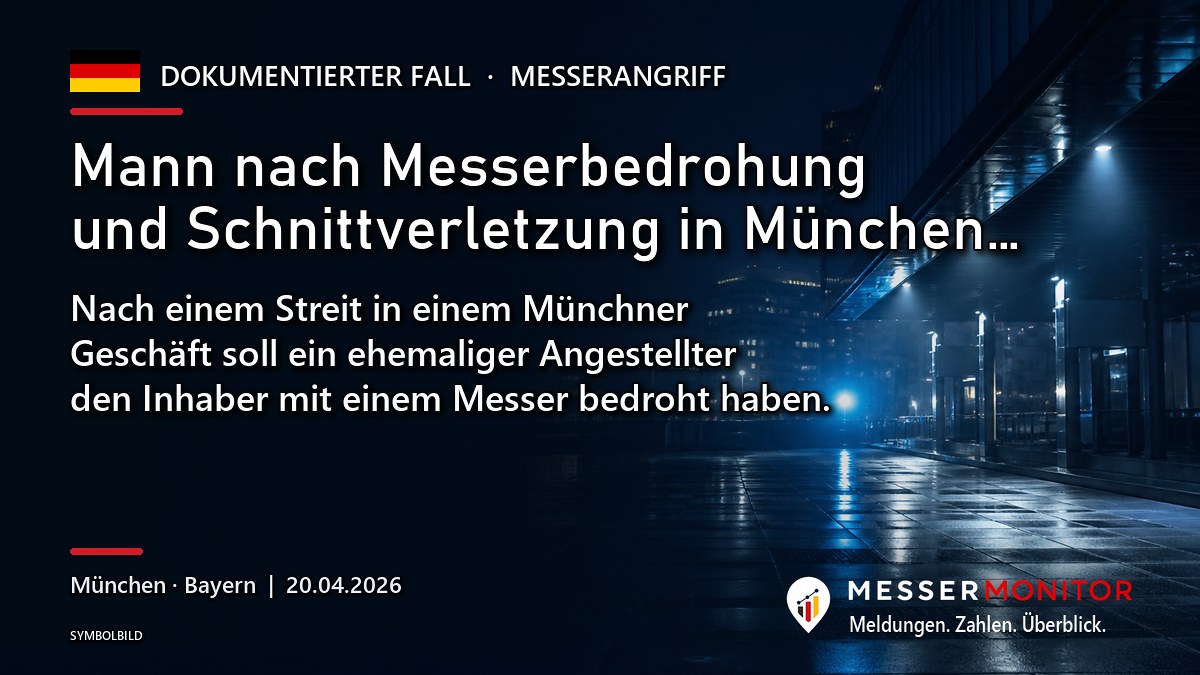 Titelgrafik: Mann nach Messerbedrohung und Schnittverletzung in München…. Nach einem Streit in einem Münchner Geschäft soll ein ehemaliger Angestellter den Inhaber mit einem Messer bedroht haben..