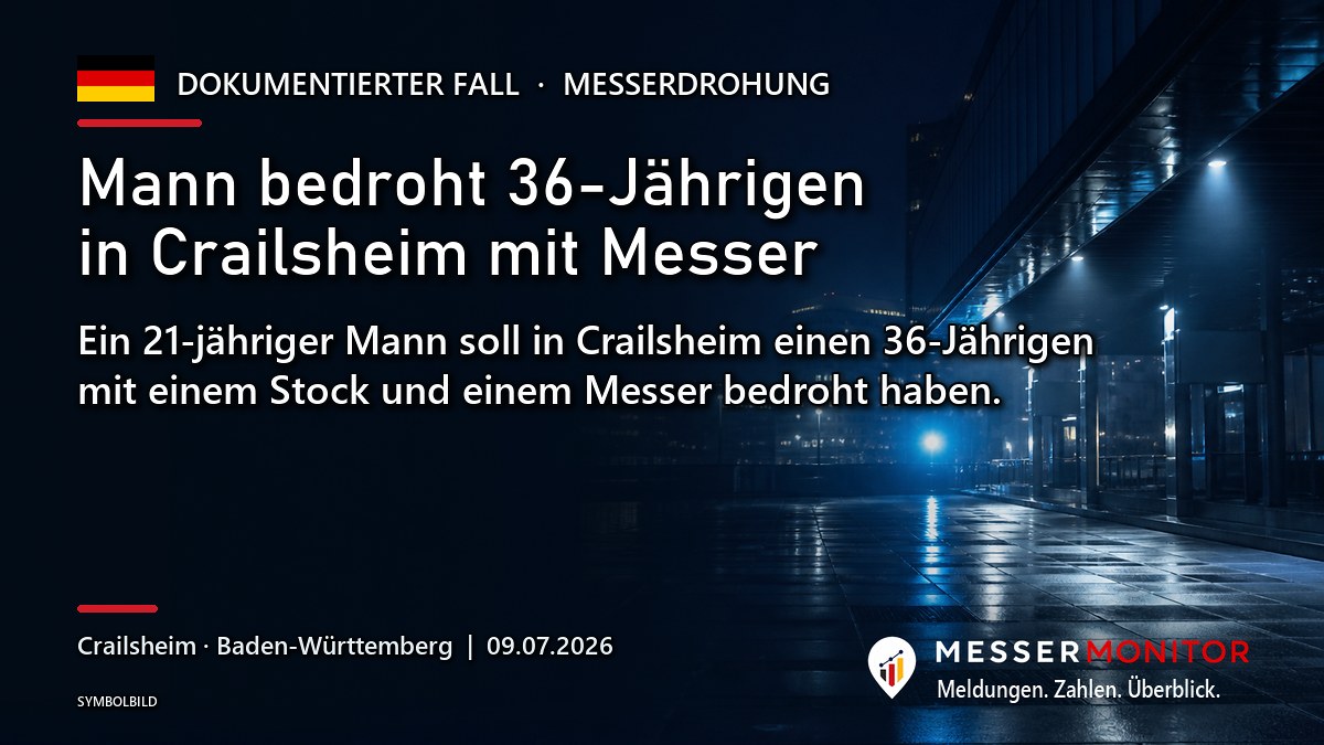 Titelgrafik: Mann bedroht 36-Jährigen in Crailsheim mit Messer. Ein 21-jähriger Mann soll in Crailsheim einen 36-Jährigen mit einem Stock und einem Messer bedroht haben..