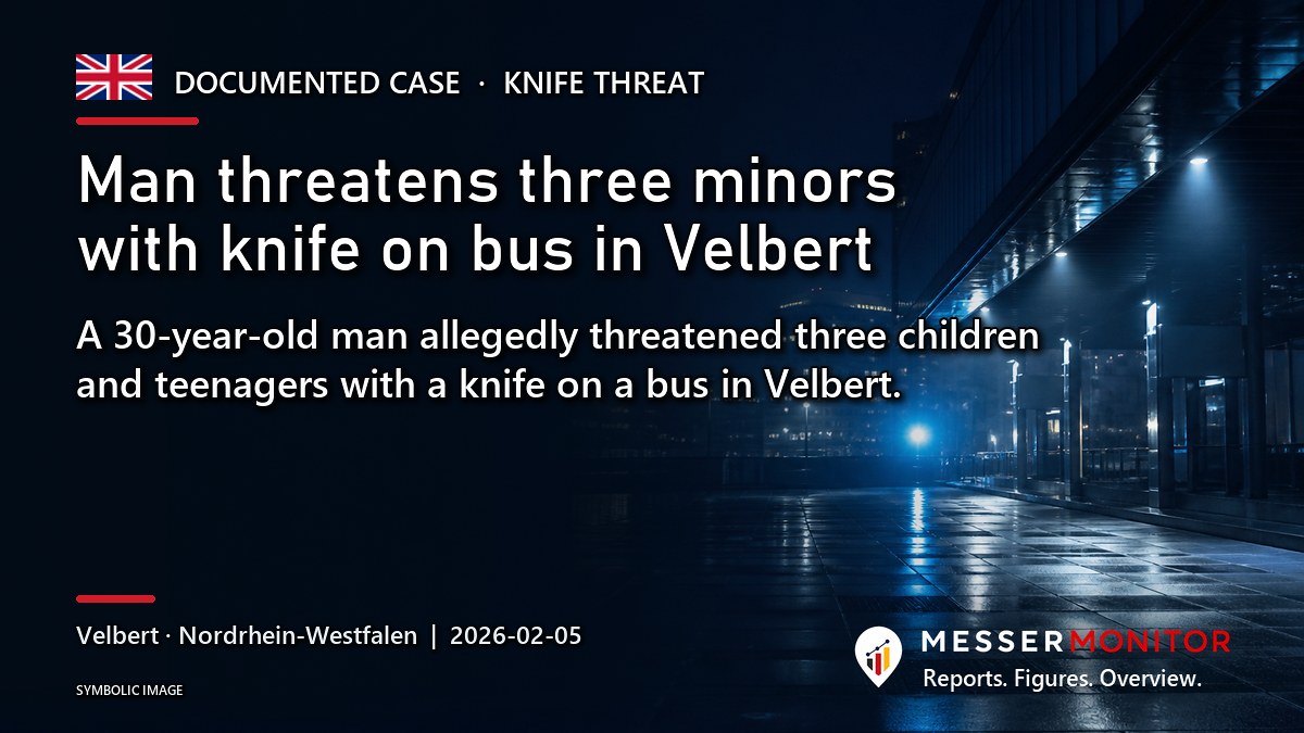 Title image: Man threatens three minors with knife on bus in Velbert. A 30-year-old man allegedly threatened three children and teenagers with a knife on a bus in Velbert..