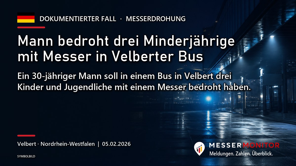 Titelgrafik: Mann bedroht drei Minderjährige mit Messer in Velberter Bus. Ein 30-jähriger Mann soll in einem Bus in Velbert drei Kinder und Jugendliche mit einem Messer bedroht haben..