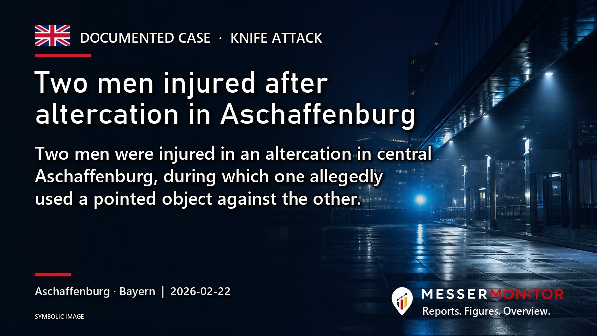 Title image: Two men injured after altercation in Aschaffenburg. Two men were injured in an altercation in central Aschaffenburg, during which one allegedly used a pointed object against the other..