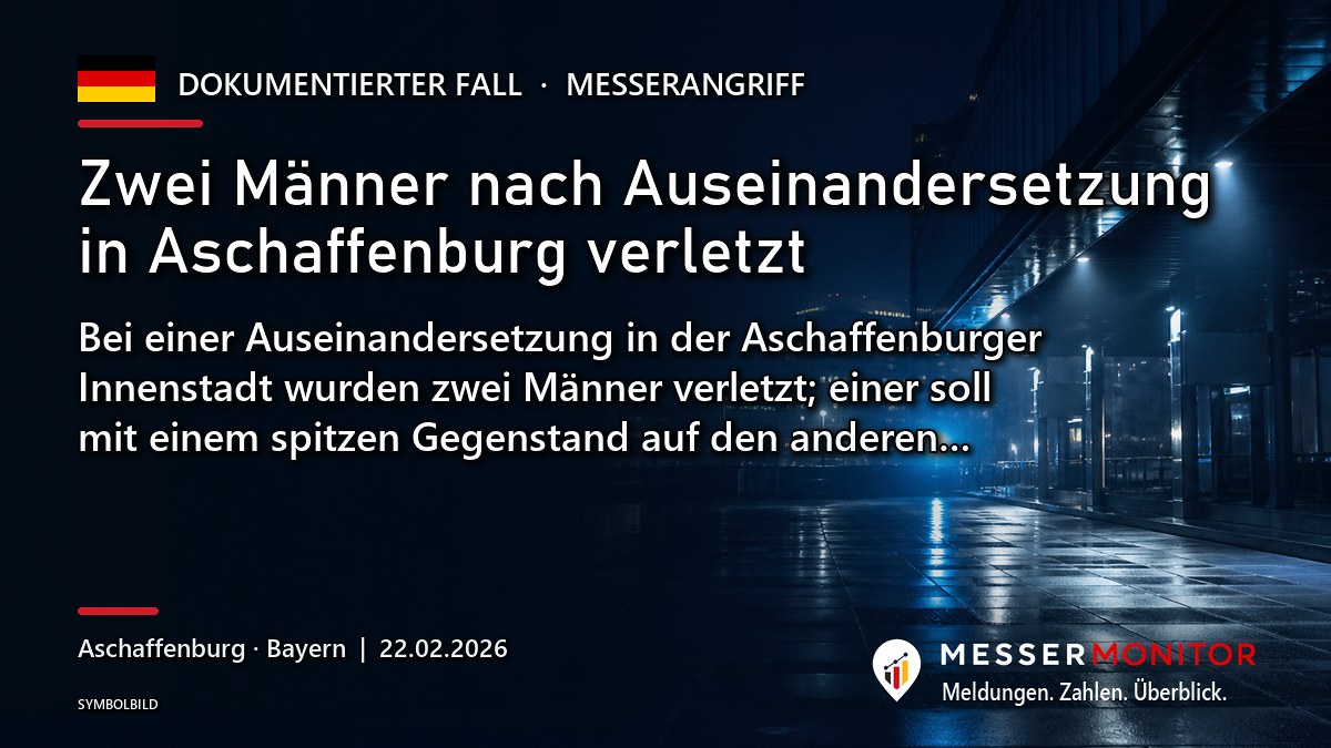 Titelgrafik: Zwei Männer nach Auseinandersetzung in Aschaffenburg verletzt. Bei einer Auseinandersetzung in der Aschaffenburger Innenstadt wurden zwei Männer verletzt; einer soll mit einem spitzen Gegenstand auf den anderen….