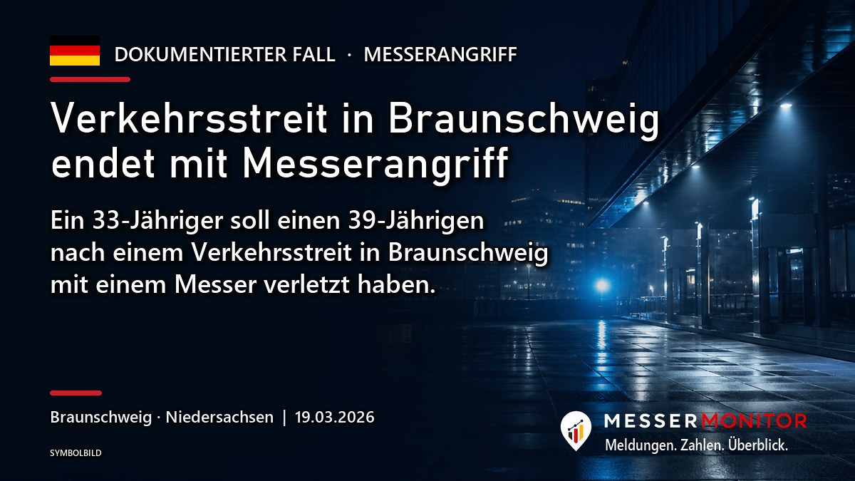 Titelgrafik: Verkehrsstreit in Braunschweig endet mit Messerangriff. Ein 33-Jähriger soll einen 39-Jährigen nach einem Verkehrsstreit in Braunschweig mit einem Messer verletzt haben..