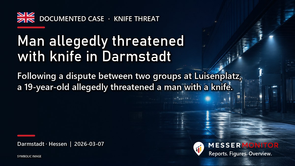 Title image: Man allegedly threatened with knife in Darmstadt. Following a dispute between two groups at Luisenplatz, a 19-year-old allegedly threatened a man with a knife..