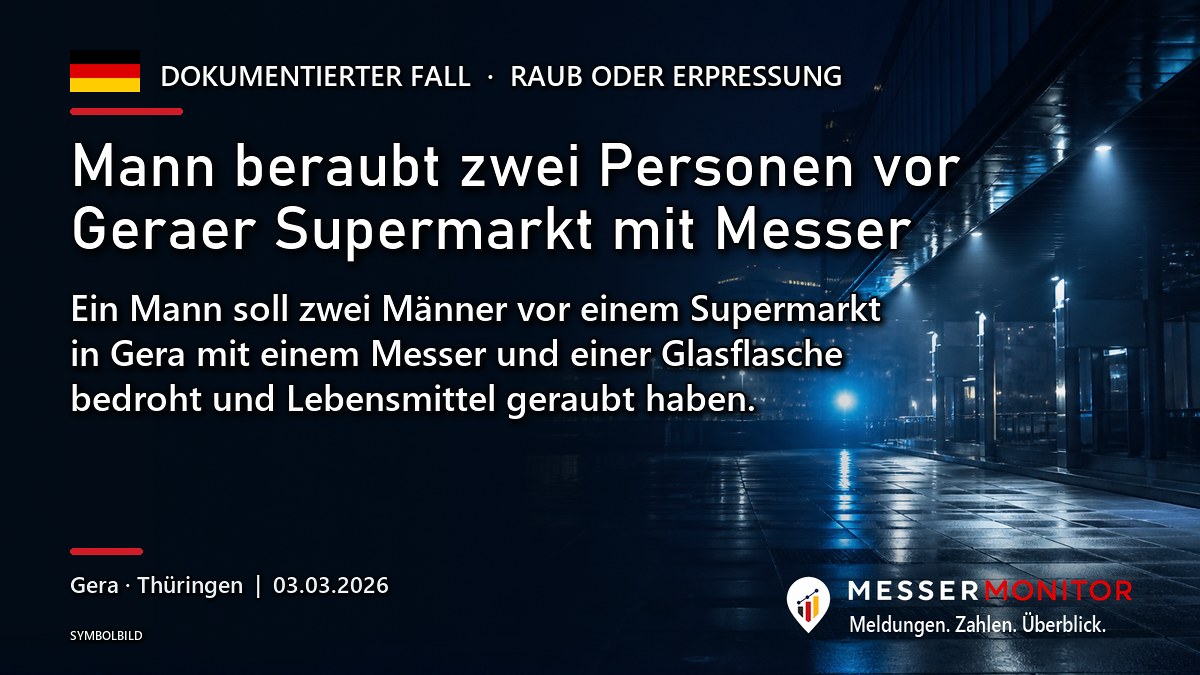 Titelgrafik: Mann beraubt zwei Personen vor Geraer Supermarkt mit Messer. Ein Mann soll zwei Männer vor einem Supermarkt in Gera mit einem Messer und einer Glasflasche bedroht und Lebensmittel geraubt haben..