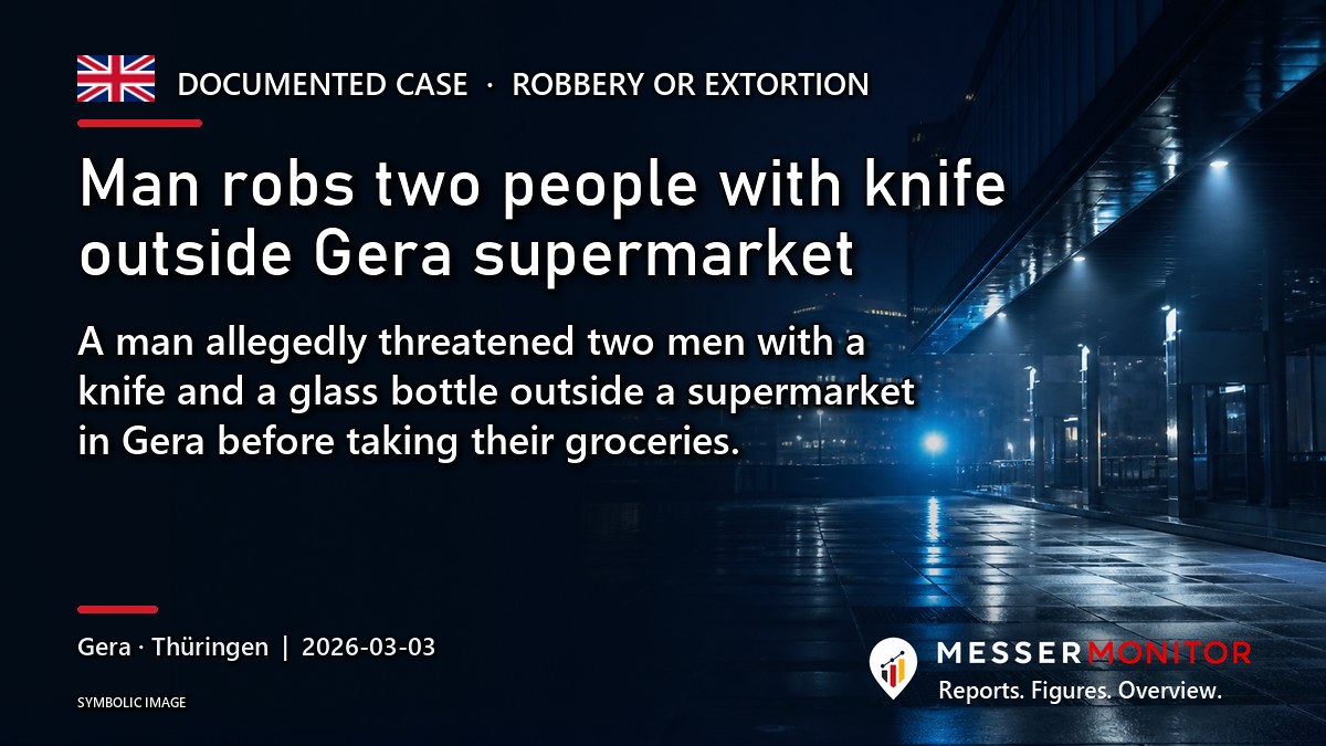 Title image: Man robs two people with knife outside Gera supermarket. A man allegedly threatened two men with a knife and a glass bottle outside a supermarket in Gera before taking their groceries..