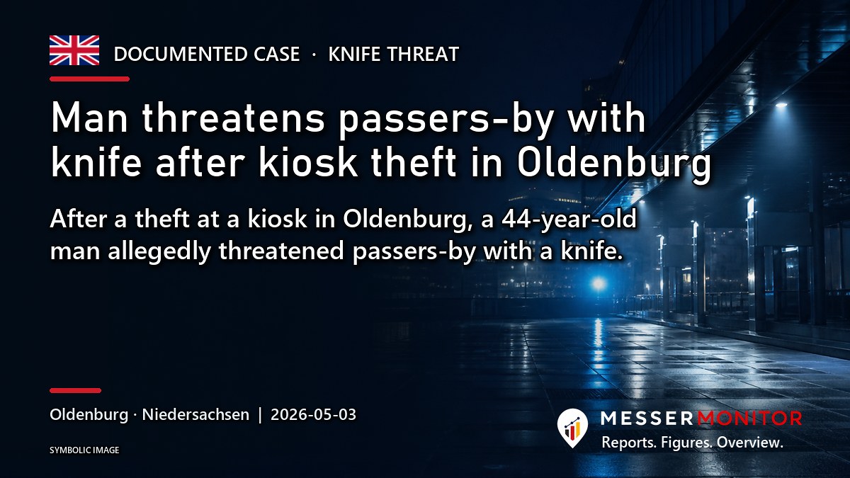 Title image: Man threatens passers-by with knife after kiosk theft in Oldenburg. After a theft at a kiosk in Oldenburg, a 44-year-old man allegedly threatened passers-by with a knife..