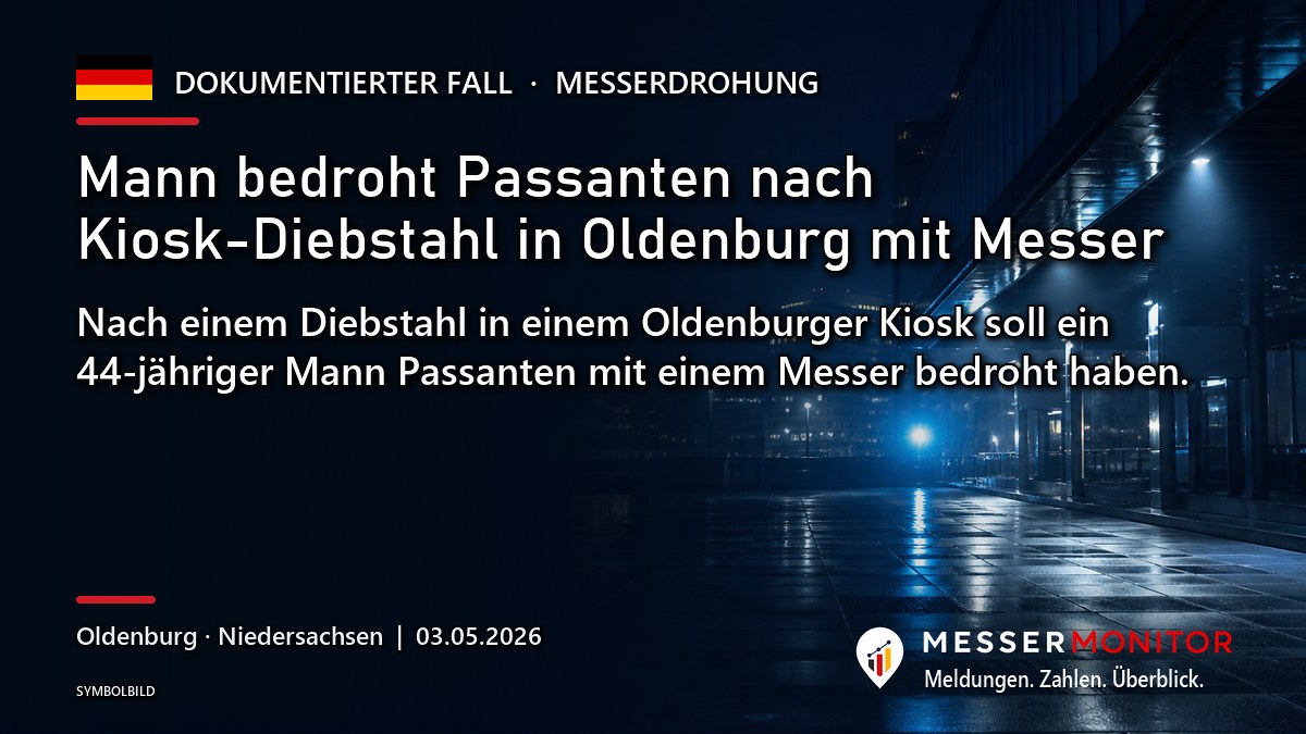Titelgrafik: Mann bedroht Passanten nach Kiosk-Diebstahl in Oldenburg mit Messer. Nach einem Diebstahl in einem Oldenburger Kiosk soll ein 44-jähriger Mann Passanten mit einem Messer bedroht haben..
