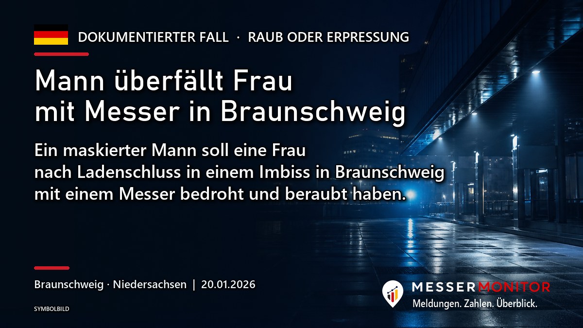 Titelgrafik: Mann überfällt Frau mit Messer in Braunschweig. Ein maskierter Mann soll eine Frau nach Ladenschluss in einem Imbiss in Braunschweig mit einem Messer bedroht und beraubt haben..