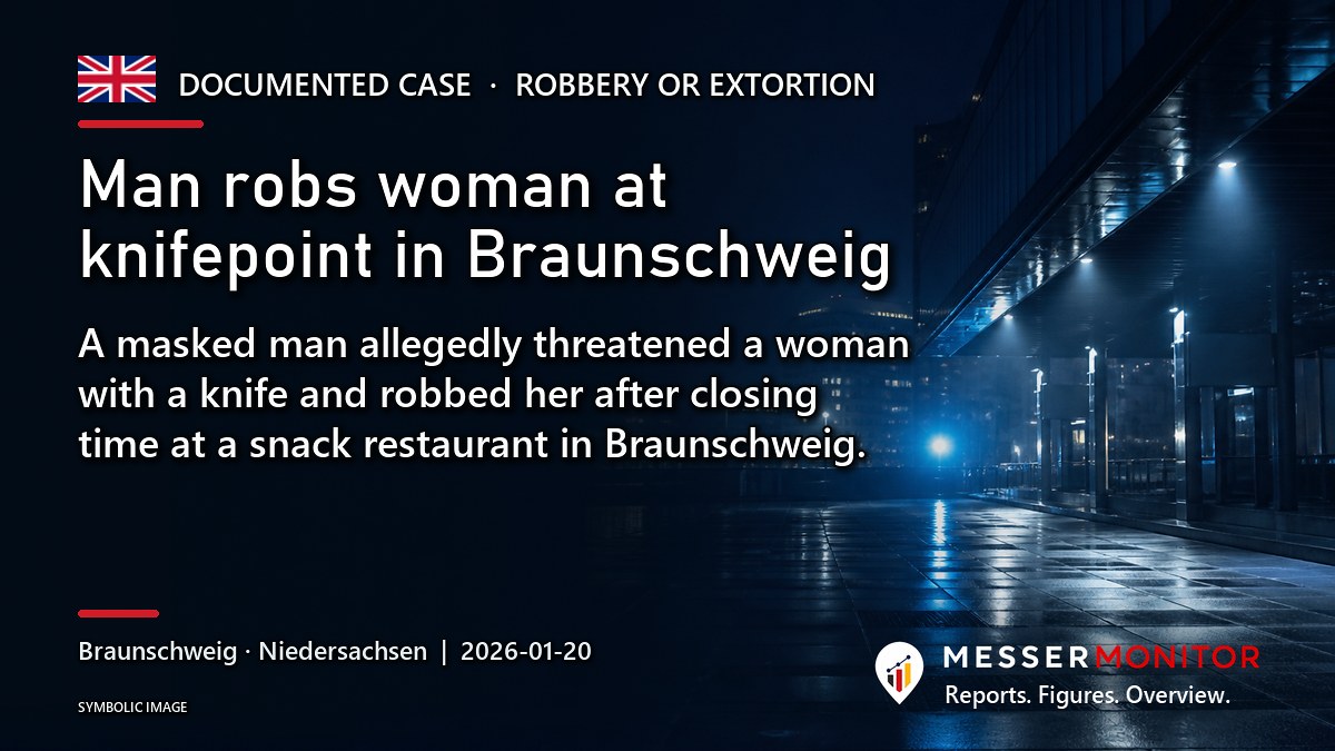 Title image: Man robs woman at knifepoint in Braunschweig. A masked man allegedly threatened a woman with a knife and robbed her after closing time at a snack restaurant in Braunschweig..