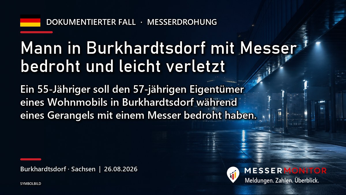 Titelgrafik: Mann in Burkhardtsdorf mit Messer bedroht und leicht verletzt. Ein 55-Jähriger soll den 57-jährigen Eigentümer eines Wohnmobils in Burkhardtsdorf während eines Gerangels mit einem Messer bedroht haben..