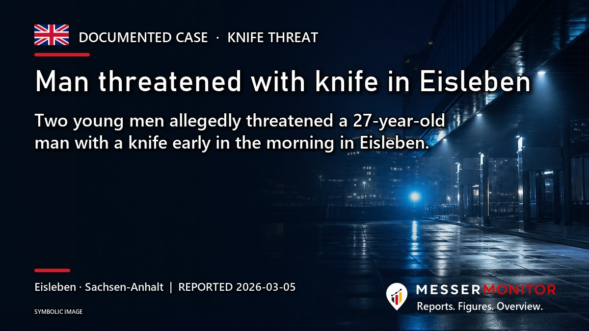 Title image: Man threatened with knife in Eisleben. Two young men allegedly threatened a 27-year-old man with a knife early in the morning in Eisleben..