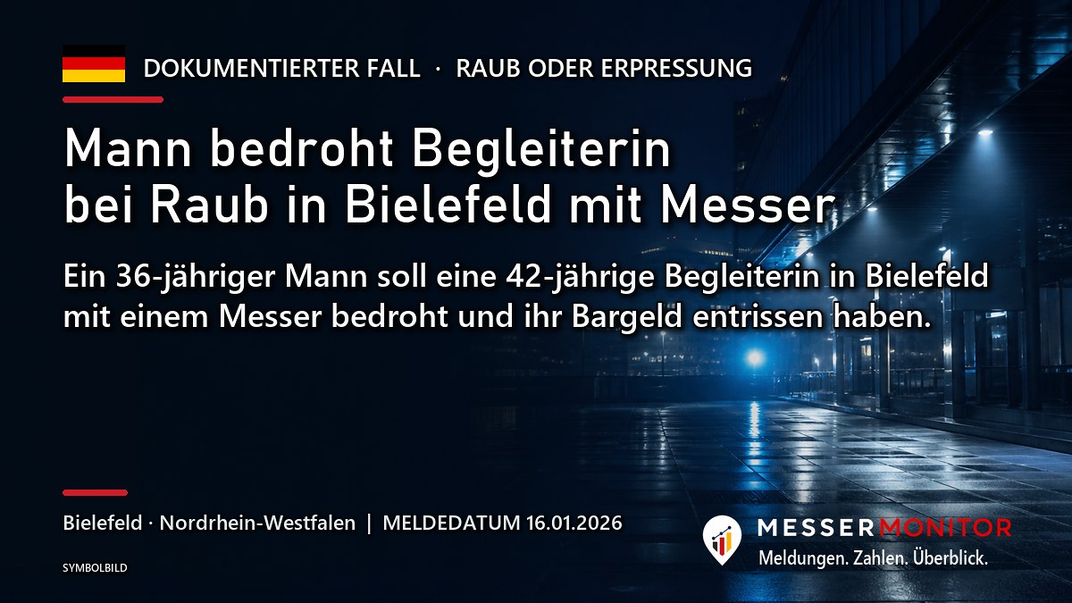 Titelgrafik: Mann bedroht Begleiterin bei Raub in Bielefeld mit Messer. Ein 36-jähriger Mann soll eine 42-jährige Begleiterin in Bielefeld mit einem Messer bedroht und ihr Bargeld entrissen haben..
