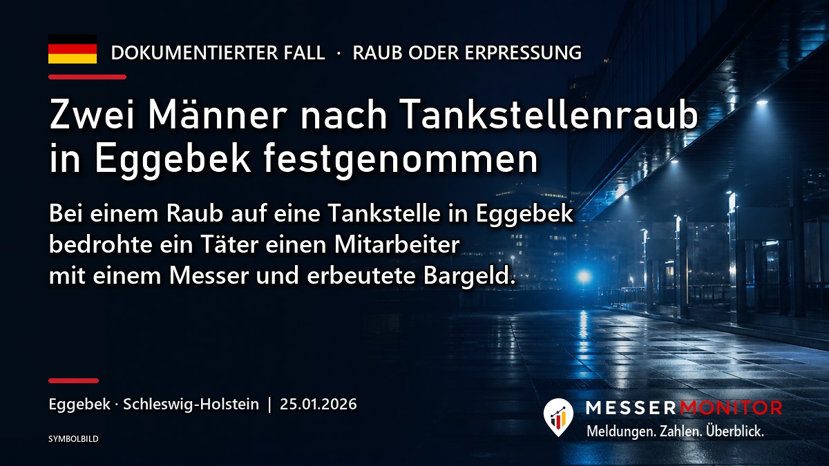 Titelgrafik: Zwei Männer nach Tankstellenraub in Eggebek festgenommen. Bei einem Raub auf eine Tankstelle in Eggebek bedrohte ein Täter einen Mitarbeiter mit einem Messer und erbeutete Bargeld..