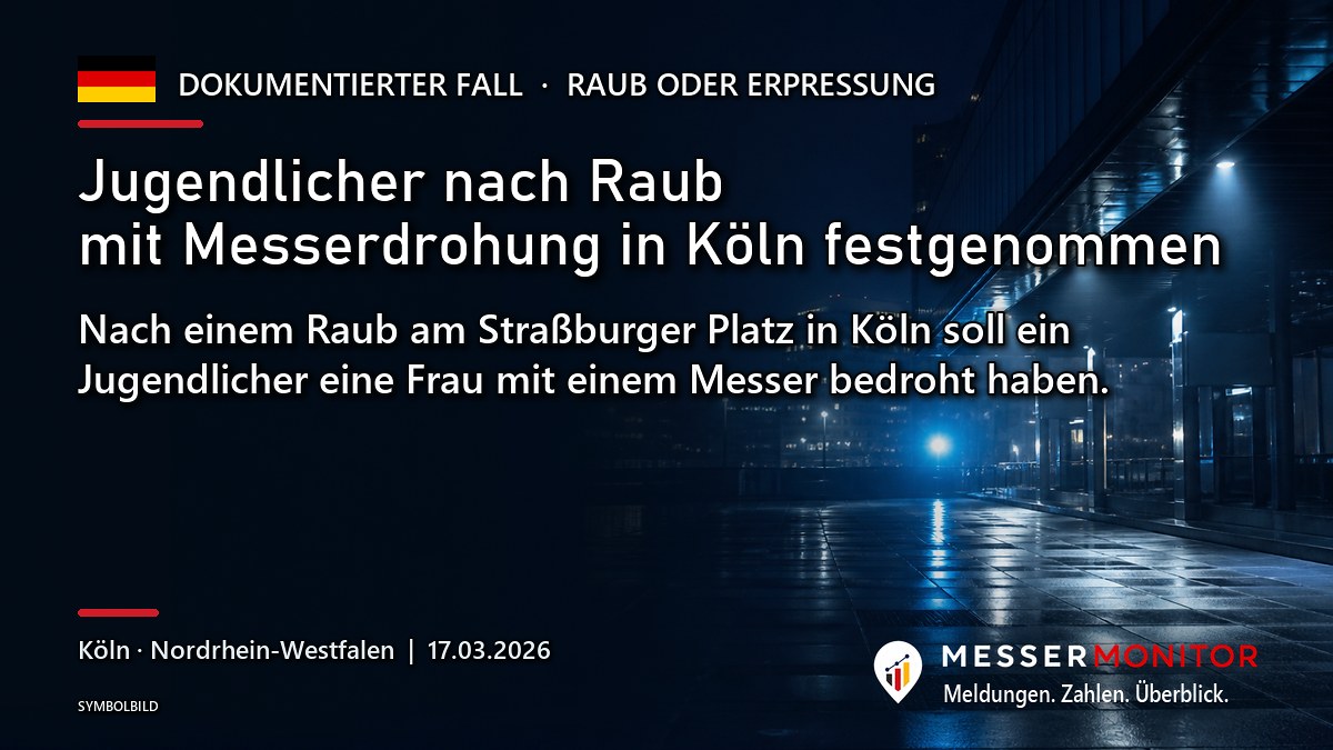 Titelgrafik: Jugendlicher nach Raub mit Messerdrohung in Köln festgenommen. Nach einem Raub am Straßburger Platz in Köln soll ein Jugendlicher eine Frau mit einem Messer bedroht haben..