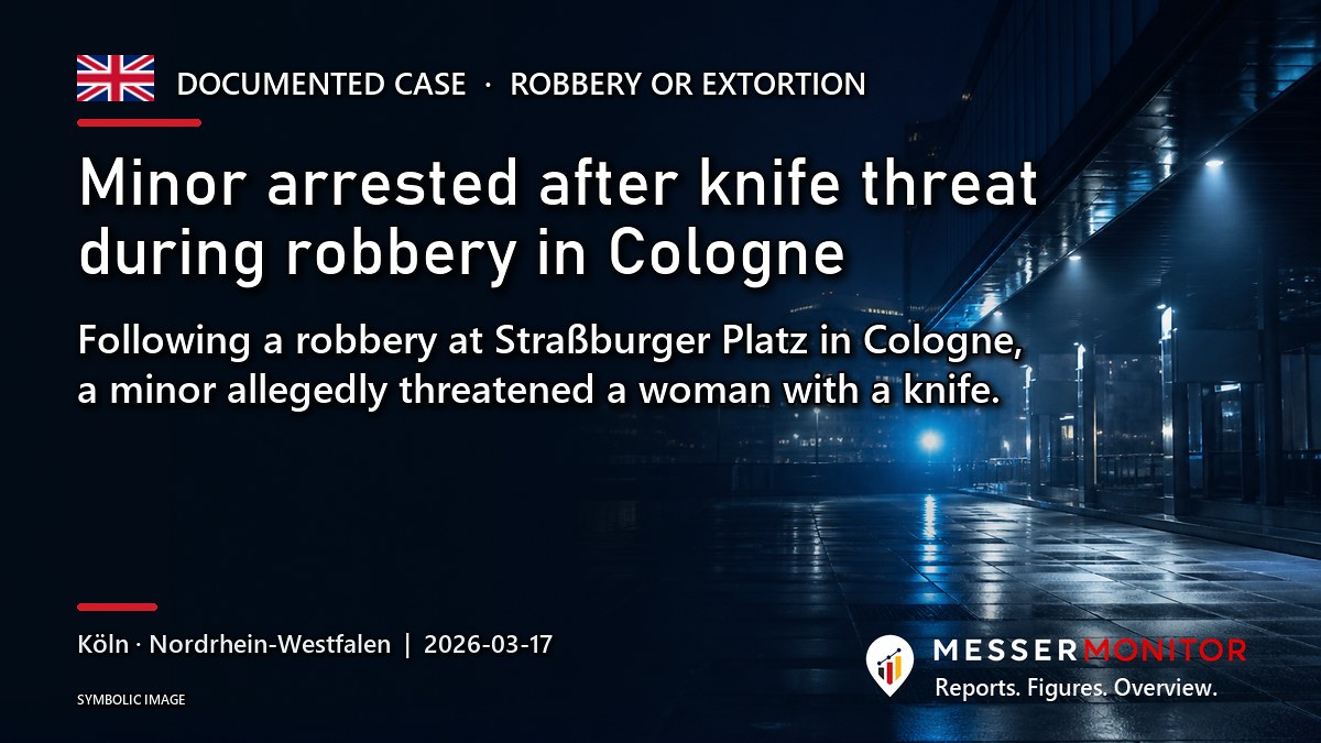 Title image: Minor arrested after knife threat during robbery in Cologne. Following a robbery at Straßburger Platz in Cologne, a minor allegedly threatened a woman with a knife..