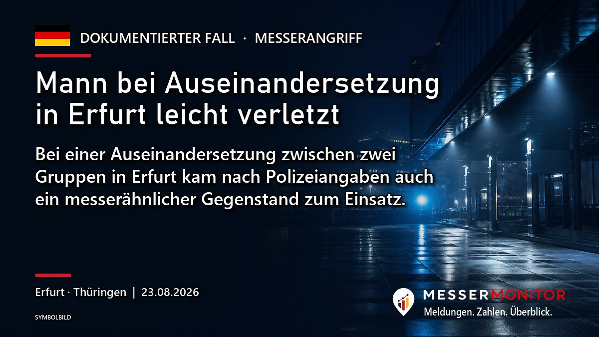 Titelgrafik: Mann bei Auseinandersetzung in Erfurt leicht verletzt. Bei einer Auseinandersetzung zwischen zwei Gruppen in Erfurt kam nach Polizeiangaben auch ein messerähnlicher Gegenstand zum Einsatz..