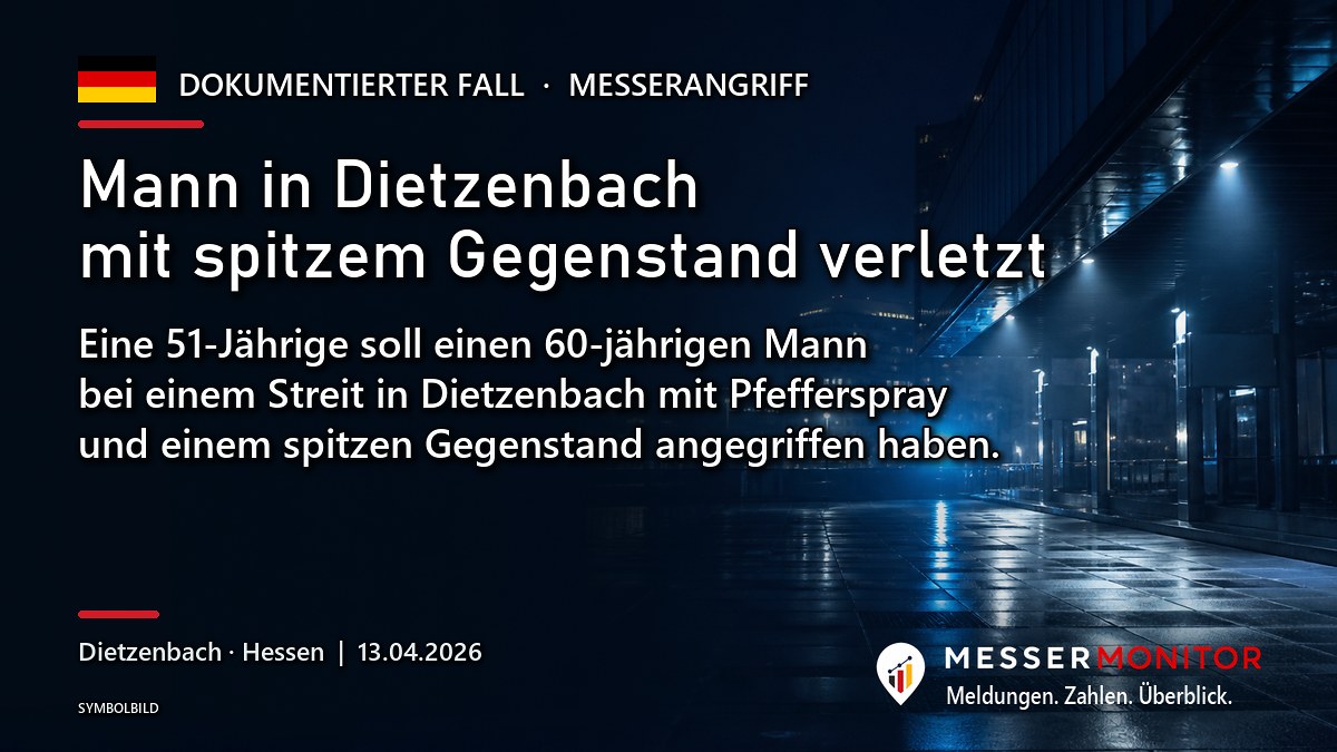 Titelgrafik: Mann in Dietzenbach mit spitzem Gegenstand verletzt. Eine 51-Jährige soll einen 60-jährigen Mann bei einem Streit in Dietzenbach mit Pfefferspray und einem spitzen Gegenstand angegriffen haben..
