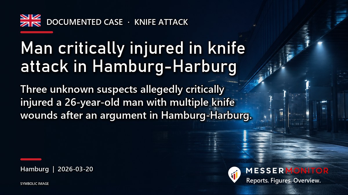 Title image: Man critically injured in knife attack in Hamburg-Harburg. Three unknown suspects allegedly critically injured a 26-year-old man with multiple knife wounds after an argument in Hamburg-Harburg..