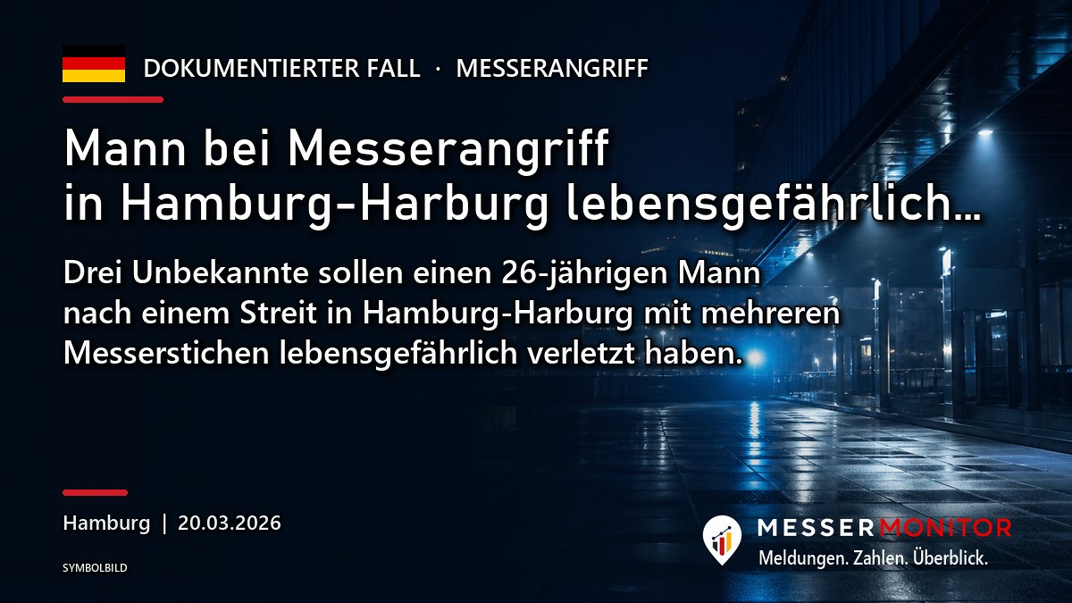 Titelgrafik: Mann bei Messerangriff in Hamburg-Harburg lebensgefährlich…. Drei Unbekannte sollen einen 26-jährigen Mann nach einem Streit in Hamburg-Harburg mit mehreren Messerstichen lebensgefährlich verletzt haben..