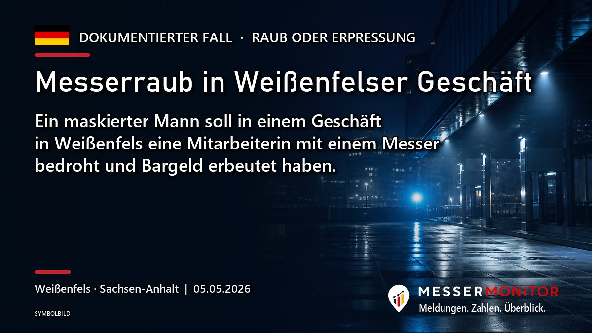 Titelgrafik: Messerraub in Weißenfelser Geschäft. Ein maskierter Mann soll in einem Geschäft in Weißenfels eine Mitarbeiterin mit einem Messer bedroht und Bargeld erbeutet haben..