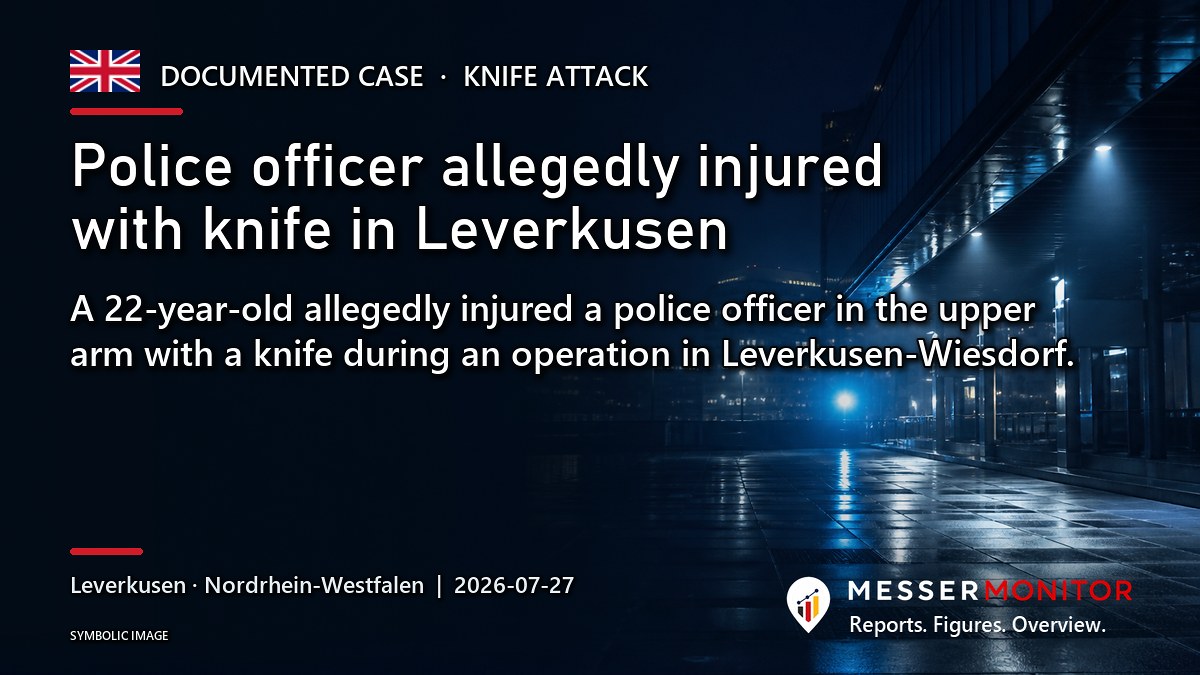 Title image: Police officer allegedly injured with knife in Leverkusen. A 22-year-old allegedly injured a police officer in the upper arm with a knife during an operation in Leverkusen-Wiesdorf..