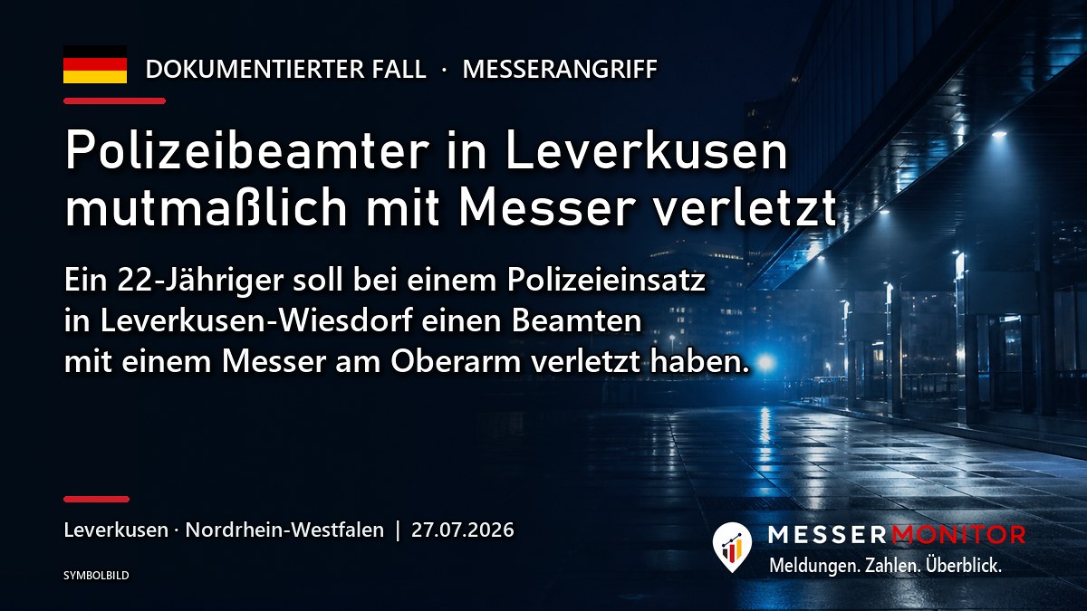 Titelgrafik: Polizeibeamter in Leverkusen mutmaßlich mit Messer verletzt. Ein 22-Jähriger soll bei einem Polizeieinsatz in Leverkusen-Wiesdorf einen Beamten mit einem Messer am Oberarm verletzt haben..